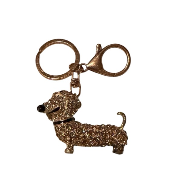 Dachshund Doxie Rhinestone Bag Charm Key Ring Champagne Color - Picture 2 of 5
